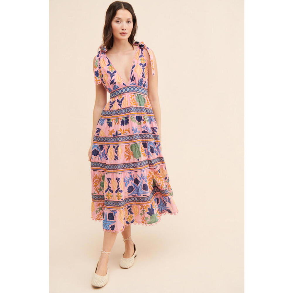 Farm Rio - Tiered Floral Midi Dress with Tie Shoulder Straps, Size S